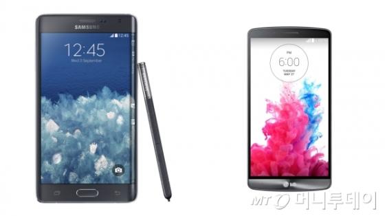 2015 CES에서 최고혁신상을 받은 삼성전자 갤럭시노트 엣지(좌)와 혁신상을 수상한 LG전자 G3(우). /사진제공=각 사