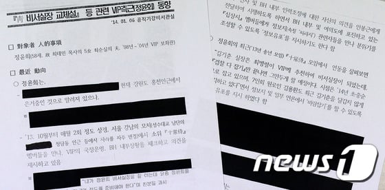 세계일보는 28일 '靑 비서실장 교체설 등 관련 VIP측근(정윤회) 동향' 문건을 입수해 정씨가 지난해 10월부터 청와대 핵심 비서관 등과 정기적으로 만나 '김기춘 대통령 비서실장 교체설' 등 국정에 개입했다는 의혹을 보도했다./사진=세계일보 제공