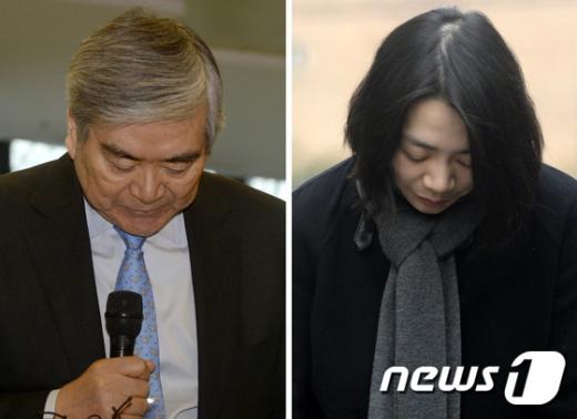 조양호 한진그룹 회장이 12일 오후 서울 강서구 대한항공 본사에서 '땅콩 리턴' 사건에 대해 사과하고 있다.(왼쪽) 조현아 대한항공 전 부사장이 같은 날 국토교통부 항공철도조사위원회에 출석하기 전 사과하고 있다. /사진=뉴스1