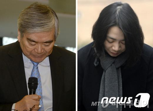 조양호 한진그룹 회장이 12일 오후 서울 강서구 대한항공 본사에서 '땅콩 리턴' 사건에 대해 사과하고 있다.(왼쪽) 조현아 대한항공 전 부사장이 같은 날 국토교통부 항공철도조사위원회에 출석하기 전 사과하고 있다. /사진=뉴스1