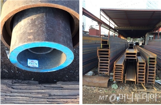 서울 영등포 철제상가에서 흔히 볼 수있는 중국산 파이프(사진 왼쪽)와 철제상가의 한 점포에 현대제철 H형강이 쌓여있는 모습./사진=황시영 기자