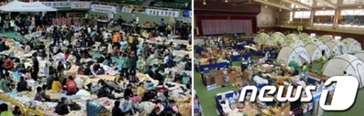 한국 진도체육관(왼쪽)과 동일본 대지진 재해민 구호소./사진=대한신경의학회 제공© News1