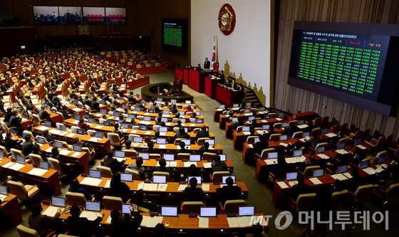 2월 임시국회 마지막날인 3일 오후 서울 여의도 국회에서 열린 본회의에서 일명 '김영란법'(부정청탁 및 금품 등 수수의 금지에 관한 법률안)이 재석 247, 찬성 226, 반대 4, 기권 17로 가결되고 있다. 이날 법사위는 김영란법에 사립학교 이사장과 이사를 포함해 본회의로 넘겼다. 2015.3.3/뉴스1 <저작권자 ⓒ 뉴스1코리아, 무단전재 및 재배포 금지>