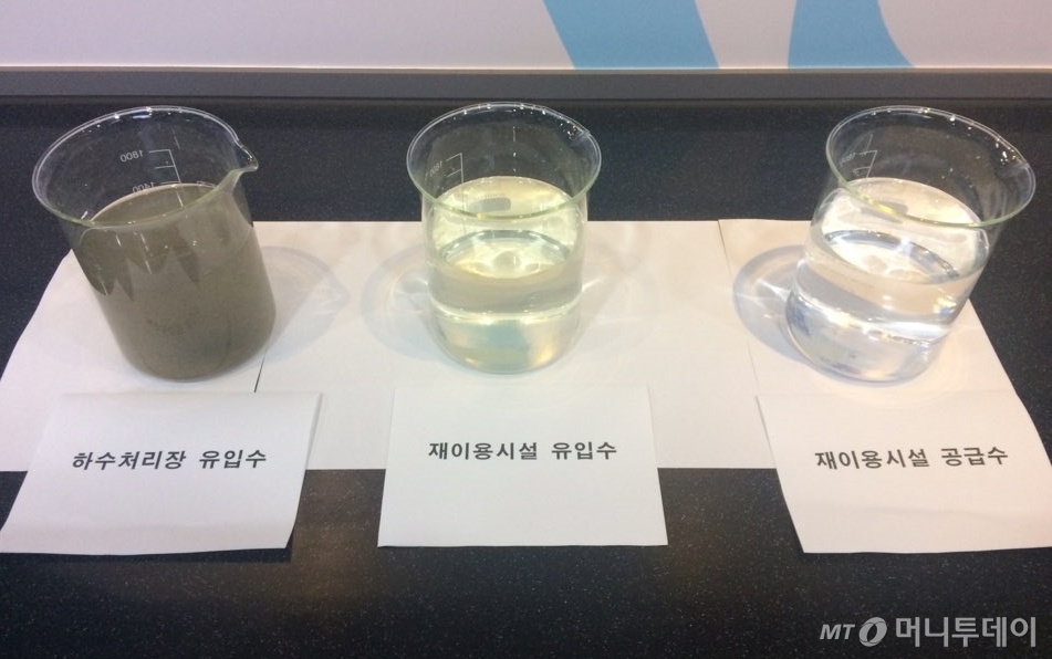하수처리장 유입수와 정화작업을 거친 재이용시설 공급수의 모습 / 사진=이동우 기자