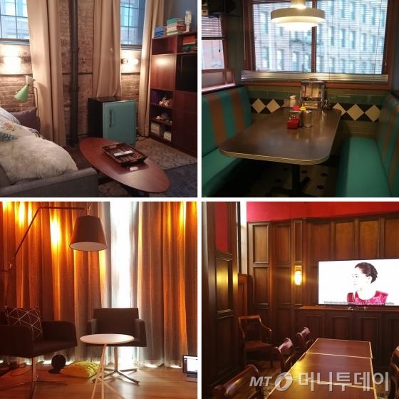 유튜브 스페이스 뉴욕에는 다양한 장면을 연출할 수 있는 공간이 마련돼 있다. 미국 일반 가정 거실(왼쪽 위부터 시계방향)과 레스토랑, 기업 회의실, 토크쇼를 위한 무대 등이 갖춰져 있다./사진=서명훈 뉴욕특파원