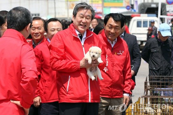 김무성 새누리당 대표와 인천서구 강화을에 출마한 안상수 후보가 4.29재보궐선거를 이틀 앞둔 27일 인천 강화군 강화풍물시장에서 유세 도중 강아지를 들어보이고 있다. 2015.4.27/뉴스1  <저작권자 ⓒ 뉴스1코리아, 무단전재 및 재배포 금지>