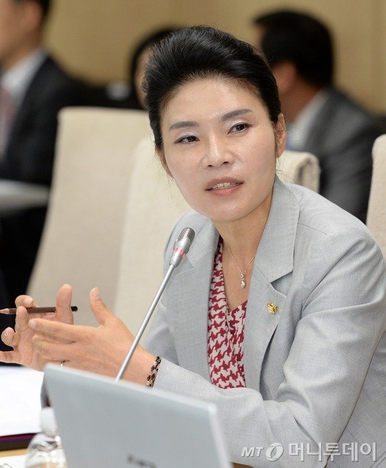 한정애 새정치민주연합 의원이 10일 오후 서울 대방동 기상청에서 열린 국회 환경노동위원회 국정감사에서 질의하고 있다./사진=뉴스1제공