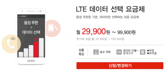 국내 한 이동통신사의 홈페이지 발췌화면. 요금과 관련해 부가세 포함 금액은 눈에 잘 띄지 않는다.