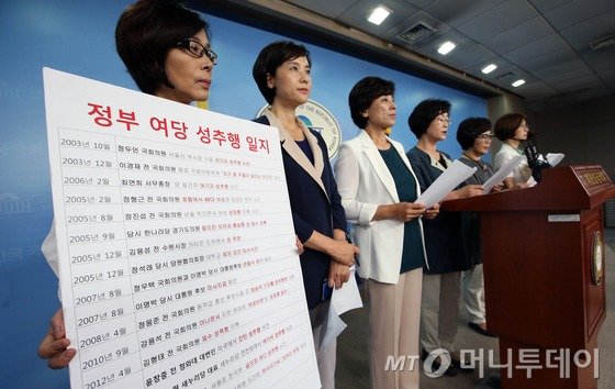 새정치민주연합 여성 의원들이 3일 서울 여의도 국회 정론관에서 기자회견을 열고 성폭행 논란에 휩싸인 새누리당 심학봉 의원의 의원직 사퇴와 새누리당의 사과를 촉구하고 있다. /사진=뉴스1