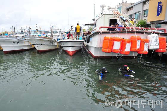 경북 포항해양경비안전서가 지난달 16일 오전 동빈내항 부두에 정박 중인 선박을 대상으로 안전점검 서비스를 제공하고 있다. 이날 안전점검은 최근 빈번하게 발생하고 있는 선박 사고를 미연에 예방하기 위한 조치로 포항해경,선박안전관리공단,구조협회원 등 100여명이 참석해 바다가족의 안전을 지켰다/사진=뉴스1