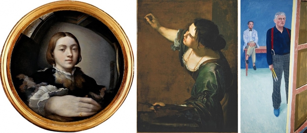 (왼쪽부터) 파르미자니노 '볼록 거울 속의 자화상(Self-Portrait in a Convex Mirror)', 아르테미시아 젠틸레스키 '회화의 알레고리로서 자화상(Self- Portrait as the Allegory of Painting)',데이비드 호크니의 '찰리와 함께 한 자화상(Self-Portrait With Charlie)'