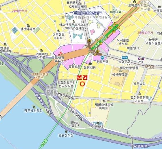 '제국의아이들' '나인뮤지스' 등의 소속사인 스타제국의 합정동 사옥 주변 위치도.