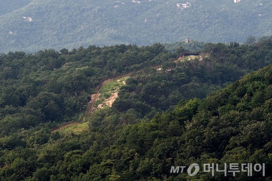 지난 4일 오전 경기도 서부전선 비무장지대(DMZ)에서 육군 모부대 소속 장병들이 수색작전을 하던 중 목함지뢰 3발에 의해 김모 하모 하사 등 부사관 2명이 크게 다쳐 국군수도병원으로 이송돼 치료를 받았으며 생명에는 지장이 없는 것으로 밝혀졌다. 사진은 멀리서 바라본 사고현장 전경. (국방부 공동취재진) /사진=뉴스1