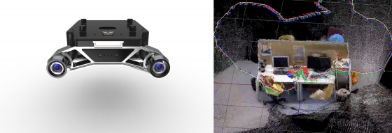 영상을 기반으로 3차원 위치를 인식하는 센서(왼쪽). 유비파이의 드론에는 이 센서가 부착된다. 오른쪽은 이 센서를 활용해 드론이 인식한 위치를 영상화한 모습. /사진제공=유비파이.