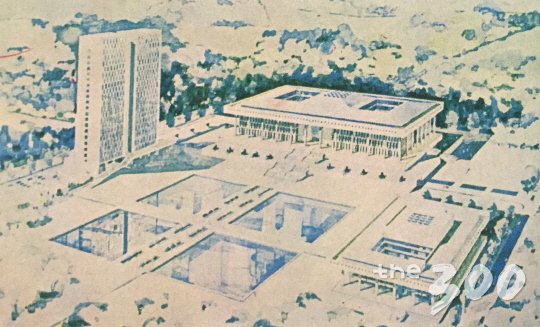지금의 국회 잔디밭 자리가 연못이고 의원회관은 고층빌딩으로 구상한 옛 조감도/국회사무처 제공