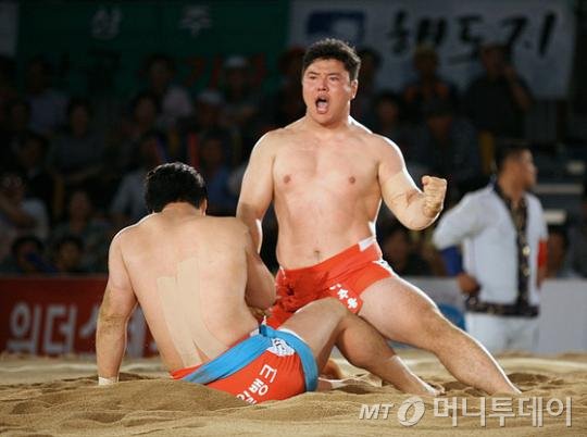 이만기가 선수로 활동하던 1980년대 씨름은 전성기를 구가했다. 이주용(수원시청)이 27일 경상북도 상주에서 열린 2015 추석장사씨름대회 한라장사(110kg이하) 결정전에서 승리한 모습(대한씨름협회 제공).  2015.9.27/뉴스1