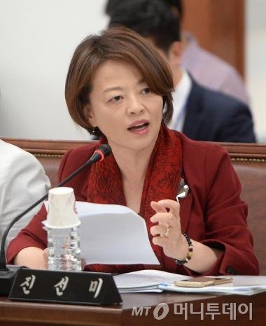 17일 오후 서울 종로구 사직로 서울지방경찰청에서 열린 국회 안전행정위원회의 국정감사에서 진선미 새정치민주연합 의원이 구은수 서울지방경찰청에게 질의하고 있다. 2015.9.17/뉴스1
