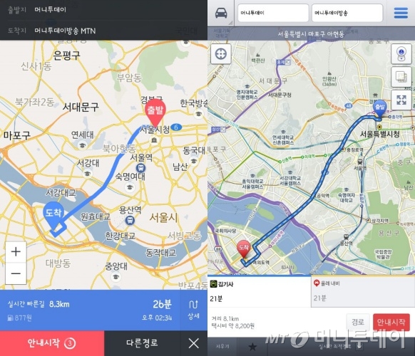 네이버 지도 앱에서 구동한 내비게이션 기능(왼쪽)과 다음 지도 앱에서 구동한 내비게이션 기능. 네이버 내비게이션은 지도 내에서 곧바로 길 안내를 받을 수 있는 대신 UI가 간소한 편이다. 다음 지도에서 자동차 길 안내를 받으려면 '김기사'나 '올레 내비'가 따로 설치돼있어야 한다.