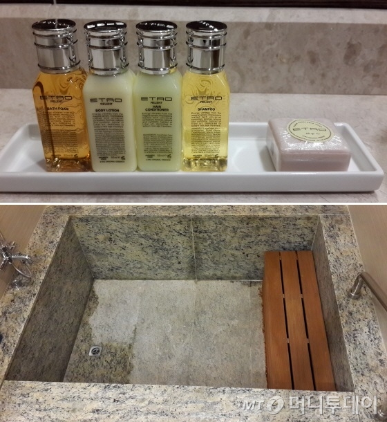 욕실에는 대리석으로 만든 대형 욕조(사진 아래)가 있다. 어메니티는 에트로 제품(위). /사진=김유경 기자