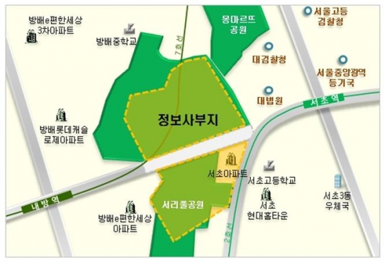 국군정보사령부 이전부지와 주변 주요 아파트 단지 모습. / 자료제공=부동산에 미친 사람들의 모임