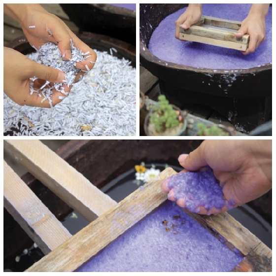 수거된 폐지는 한지제작방식과 수경재배기술이 합쳐져 씨앗수제카드로 거듭나는데 약 3주의 시간이 걸린다.