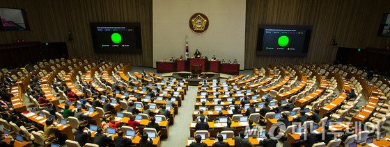 2일 서울 여의도 국회 본회의장에서 속개된 제340회국회(임시회) 제7차 본회의에서 국민보호와 공공안전을 위한 테러방지법안에 대한 수정안(주호영 의원 외 156인 발의)이 재석 157인, 찬성 156인, 반대 1인, 기권 0인으로 통과되고 있다. 2016.3.2/뉴스1