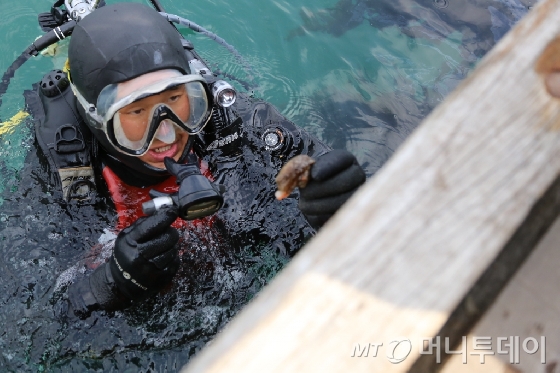 24일 전남 여수 국동항. 해양환경관리공단의 해파리폴립제거 작업 위탁을 받은 한 산업잠수사가 입수를 앞두고 준비를하고 있다/사진= 김민우 기자
