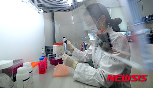 지난 29일 오후 충북 청주 오송 질병관리본부 국립보건연구원 BL2(Biosafety Level2) 실험동 검체처리실에서 연구원들이 지카바이러스 감염 여부를 확인하기 위해 접수된 환자 혈청에서 핵산(RNA)을 추출하고 있다./사진=뉴시스