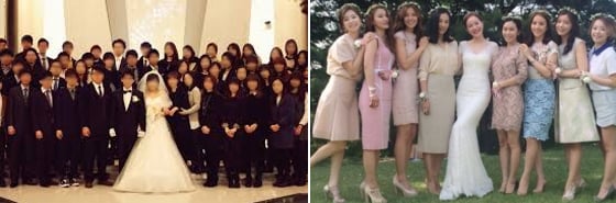 검정색 등 어두운 색을 갖춰입은 하객들의 결혼식 사진(왼쪽)과 배우 엄지원씨 결혼식 사진. 글쓴이는 두 사진 중 어느쪽 신부가 더 행복해보이냐고 묻고 있다. /사진=온라인커뮤니티 캡처