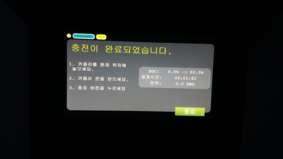 급속충전기에 표시된 내용. 20여분이 지나자 배터리가 80%까지 충전됐다./사진=장시복 기자