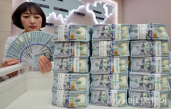 3일 오후 서울 명동 KEB 하나은행 본점에서 직원이 달러를 세고 있다.우리나라의 외환자산 운용수익 증가로 외환보유액이 석 달만에 증가했다. 3일 한국은행에 따르면 지난달 말 기준 우리나라의 외환보유액은 3713억8000만달러로 전월보다 14억9000만달러 늘어났다. 지난 6월 말 기준 우리나라의 외환보유액 규모는 세계 7위다. 2016.8.3/뉴스1  <저작권자 &copy; 뉴스1코리아, 무단전재 및 재배포 금지>