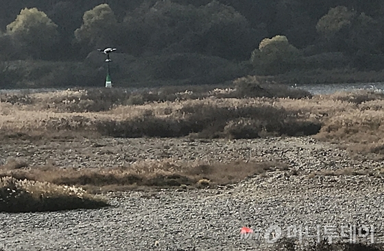 강원도 영월 드론 시범사업 공역에서 드론(무인 항공기)으로 구호 물품을 운반하고 있다. /사진=신현우 기자