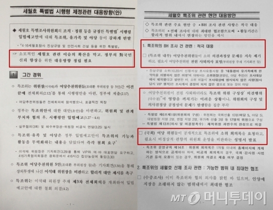 해양수산부가 작성한 '세월호 특별법 시행령 제정관련 대응방향'과 '세월호 특조위 관련 현안 대응방안' 문건