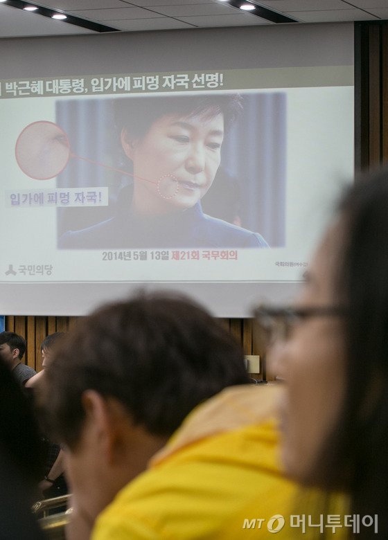 14일 오전 서울 여의도 국회에서 열린 박근혜 정부의 최순실 등 민간인에 의한 국정농단 의혹사건 진상규명을 위한 국정조사 3차 청문회에 참석한 세월호 참사 유가족들이 이용주 국민의당 의원의 질의 중 박 대통령 피부시술 의혹 관련 사진을 보고 있다. 2016.12.14/뉴스1  <저작권자 © 뉴스1코리아, 무단전재 및 재배포 금지>