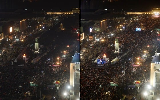 17일 서울 광화문광장에서 열린 8차 촛불집회 참가자들이 박근혜 대통령 즉각 퇴진을 요구하며 1분간 소등시위(왼쪽)에 들어갔다./ 사진제공=뉴스1