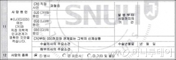 서울대병원 주치의는 황씨의 사망진단서에 사망종류를 병사로 기재했다./ 사진제공=김형진씨