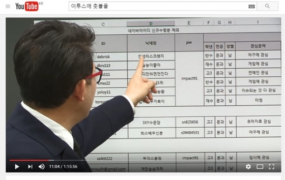 댓글 알바단 내부고발자가 우형철 강사에게 제공한 이투스 내부 문건. 홍보용 아이디를 평범한 회원으로 둔갑하기 위해 이투스는 각 아이디에 캐릭터를 부여했다.