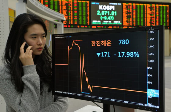 2일 오후 서울 영등포구 여의도 한국거래소 전광판에 파산 가능성이 제기되고 있는 한진해운 주권의 매매거래가 중지된 모습을 보이고 있다.한국거래소 유가증권시장본부는 이날 한진해운에 파산절차 진행설에 대한 조회공시를 요구하고 이날 오전 11시 24분부터 주권 매매거래를 정지했다./사진=뉴스1