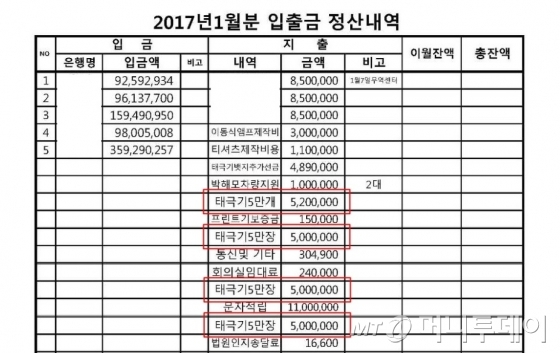 박사모에서 공개한 2017년 1월 탄기국 입·출금 정산내역./ 사진제공=박사모