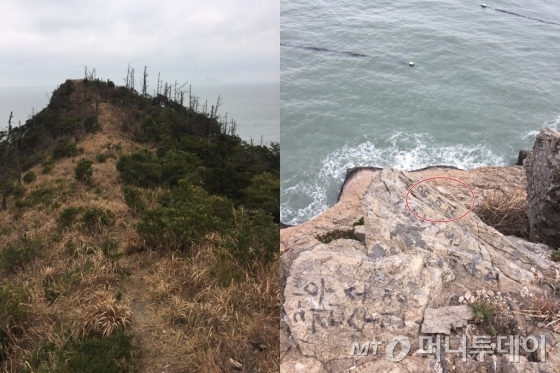 전남 진도군 동거차도에서 바다와 맞닿은 절벽으로 향하는 길(왼쪽). 이 길 끝에 절벽이 있다. 절벽 끝에 매달린 돌에는 세월호 희생자 유미지양의 이름이 새겨져 있다. (빨간색 원 안)/사진=방윤영 기자