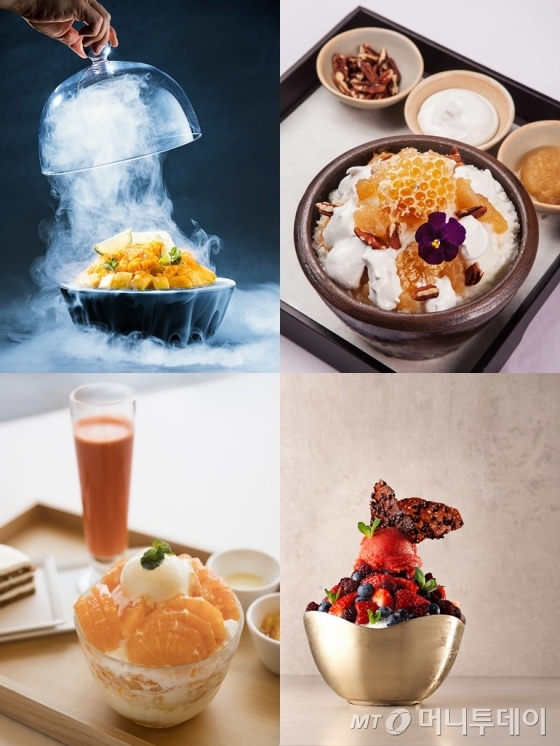 주요 호텔은 색다른 빙수 메뉴를 제공한다. (왼쪽 위부터 시계방향으로) 드라이아이스를 활용한 콘래드 서울의 '37빙수', 파크 하얏트 서울의 허니빙수, 포시즌스 호텔의 '베리 브라케토' 빙수, 해비치 호텔앤드리조트 제주의 '한라봉 빙수'/ 사진제공=콘래드 서울, 파크 하얏트 서울, 포시즌스 호텔, 해비치 호텔앤드리조트 제주
