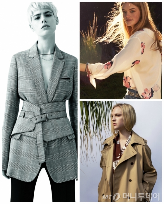 신세계인터내셔날의 토종 여성복 브랜드들이 높은 매출 성장세를 지속하고 있다. 왼쪽은 보브의 체크 트렌치코트, 오른쪽 위는 지컷의 플라워패턴 블라우스, 아래는 스튜디오 톰보이의 트렌치코트./사진제공=신세계인터내셔날