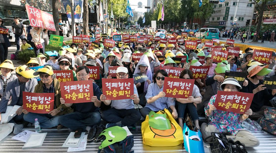 지난달 14일 오후 서울 종로구 조계사 앞에서 열린 조계종 적폐청산과 종단개혁을 위한 '범불교도대회'에 참석한 불자들이 총무원장 직선제 실시, 종단 적폐 청산, 자승 스님 퇴진 등을 촉구하는 손펫말을 들고 있다. /사진=뉴스1