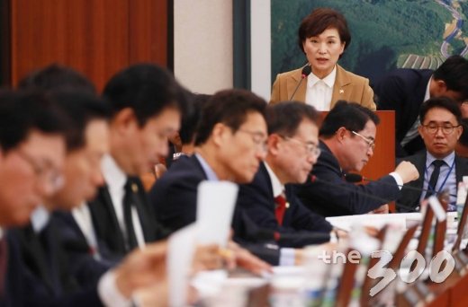 김현미 국토교통부 장관이 3일 오전 서울 여의도 국회에서 열린 국토교통위원회 전체회의에 참석해 2018회계년도 국토부 소관 예산 및 기금운용계획안 제안설명을 하고 있다. /사진=이동훈 기자
