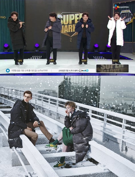 (위부터)CJ오쇼핑 '씨이앤(Ce&) 롱다운점퍼' 판매방송 캡처, 흄 '에어범퍼 롱 패딩' 화보