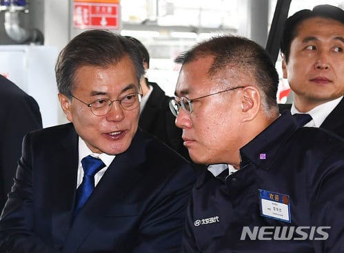 【충칭(중국)=뉴시스】전진환 기자 = 중국을 국빈 방문중인 문재인 대통령이 16일 오후(현지시각) 중국 충칭시 현대자동차 제5공장을 방문해 정의선 부회장과 대화하고 있다. 2017.12.16.  amin2@newsis.com