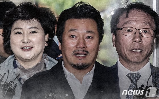 고 김광석씨의 부인 서해순씨(왼쪽부터)와 이상호 고발뉴스 기자, 김씨의 친형 김광복씨© News1 최진모 디자이너