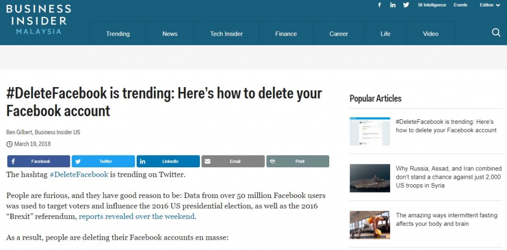 19일(현지시간) 경제매체 비즈니스인사이더 말레이시아는 "페북 탈퇴는 트렌드"라면서 페북 탈퇴 방법을 상세히 소개했다. /사진=비즈니스인사이더 말레이시아 캡처
