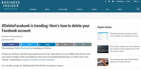 19일(현지시간) 경제매체 비즈니스인사이더 말레이시아는 "페북 탈퇴는 트렌드"라면서 페북 탈퇴 방법을 상세히 소개했다. /사진=비즈니스인사이더 말레이시아 캡처