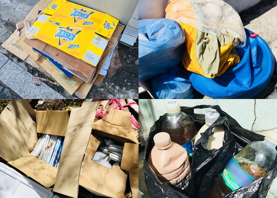 젖은 종이(왼쪽 위부터 시계방향)와 투명 비닐에 쌓인 이불, 음식물이 든 페트병과 종이상자에 담긴 형광등까지 모두 분리수거규정을 위반한 배출물이다. /사진=남궁민 기자